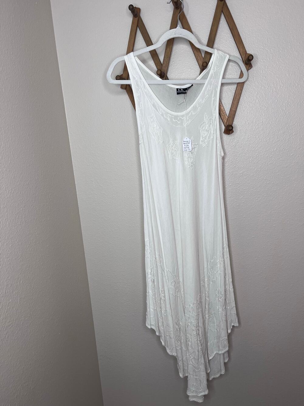 S.R. Fashion White Crochet Lace Handkerchief Hem Gauze Midi Dress OS